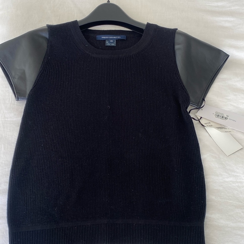 French Connection Black Top Faux Leather Sleeve - Size XS